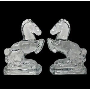 LE Smith Glass Horse Bookends Clear Equestrian Vintage MCM 8" tall Set of 2